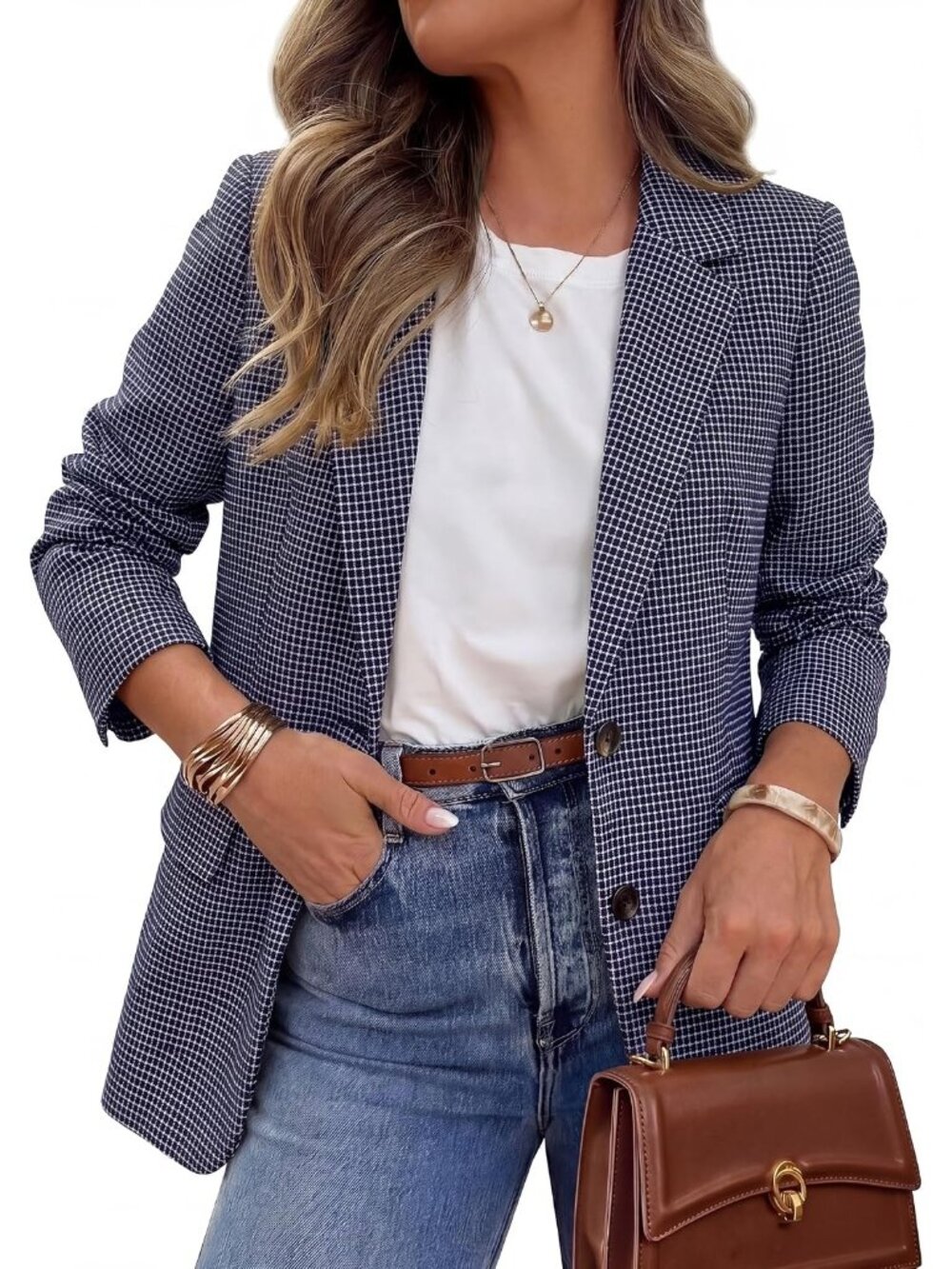 Women's Plaid Navy Long Sleeve Notch Lapel Pockets Oversized Blazer Suit Jacket